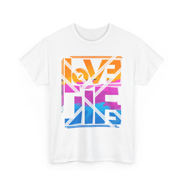 Love Lives Here T-Shirt | Rainbow Geometric Typography