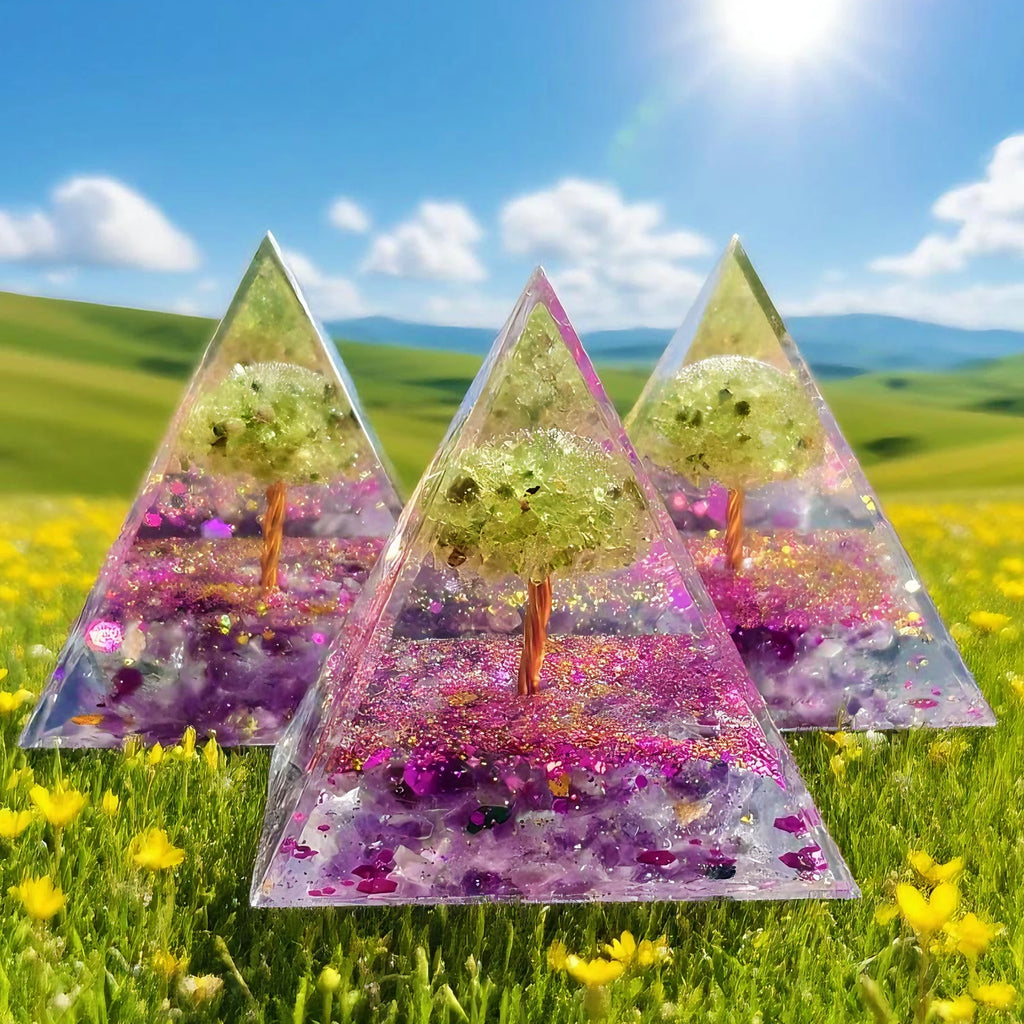 Natural Amethyst And Peridot Life Tree Orgone Pyramid Decorative Ornament Crystal Healing Jewelry Home Decor Accessories