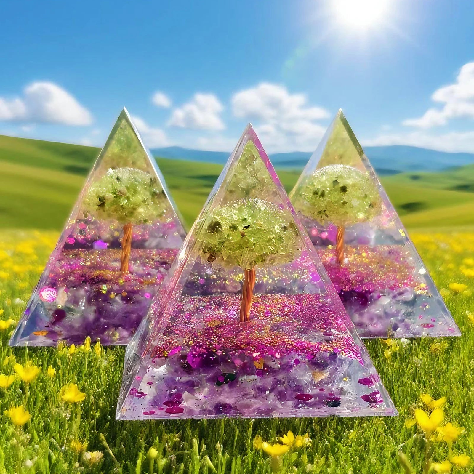 Natural Amethyst And Peridot Life Tree Orgone Pyramid Decorative Ornament Crystal Healing Jewelry Home Decor Accessories