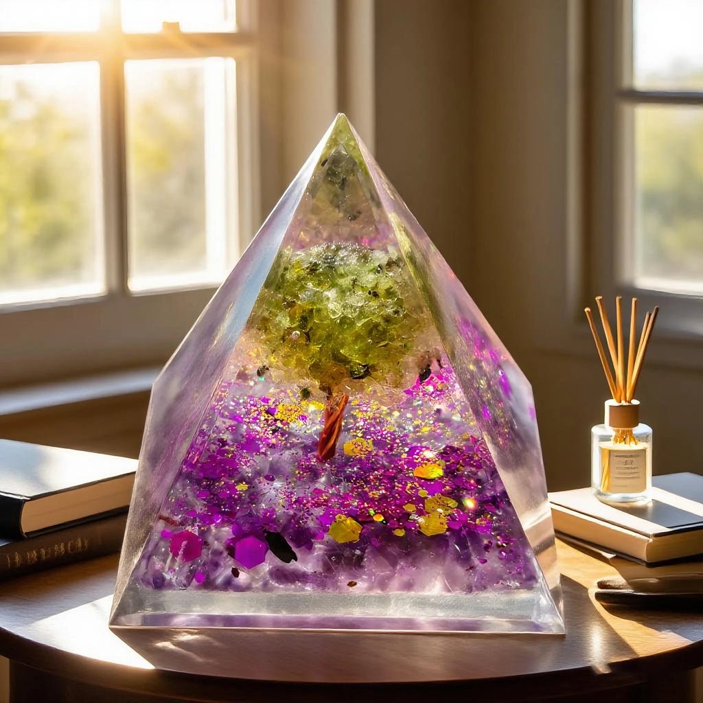 Natural Amethyst And Peridot Life Tree Orgone Pyramid Decorative Ornament Crystal Healing Jewelry Home Decor Accessories