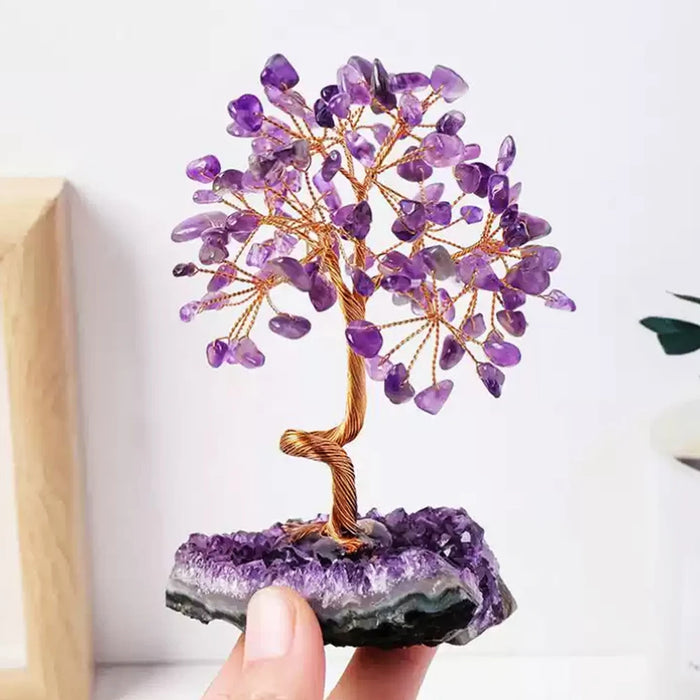 Amethyst Healing Crystals Stones Tree Wire Wrapped on Natural Crystals Gravel with Base Home Desk Living Room Stone Decoration